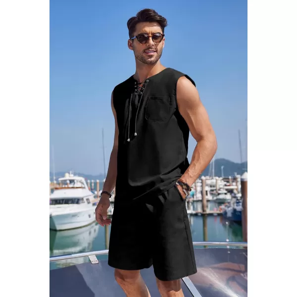 COOFANDY Mens Linen Sets Outfits 2 Piece Beach Drawstring Tank Tops Sleeveless Shirt Matching Shorts Set Hippie Wedding