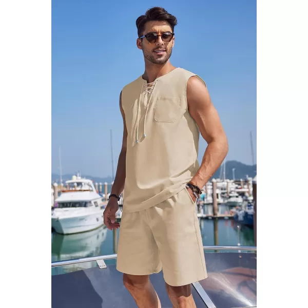 COOFANDY Mens Linen Sets Outfits 2 Piece Beach Drawstring Tank Tops Sleeveless Shirt Matching Shorts Set Hippie Wedding
