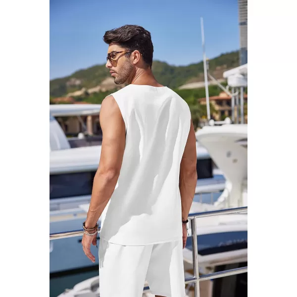 COOFANDY Mens Linen Sets Outfits 2 Piece Beach Drawstring Tank Tops Sleeveless Shirt Matching Shorts Set Hippie Wedding