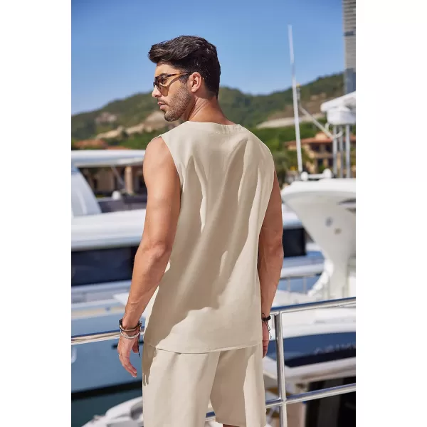 COOFANDY Mens Linen Sets Outfits 2 Piece Beach Drawstring Tank Tops Sleeveless Shirt Matching Shorts Set Hippie Wedding