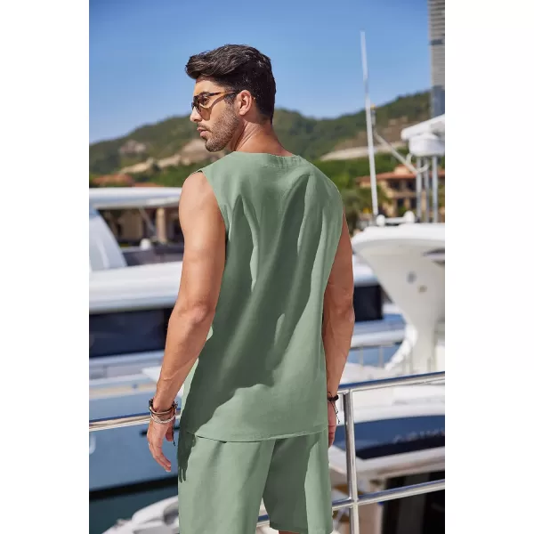 COOFANDY Mens Linen Sets Outfits 2 Piece Beach Drawstring Tank Tops Sleeveless Shirt Matching Shorts Set Hippie Wedding