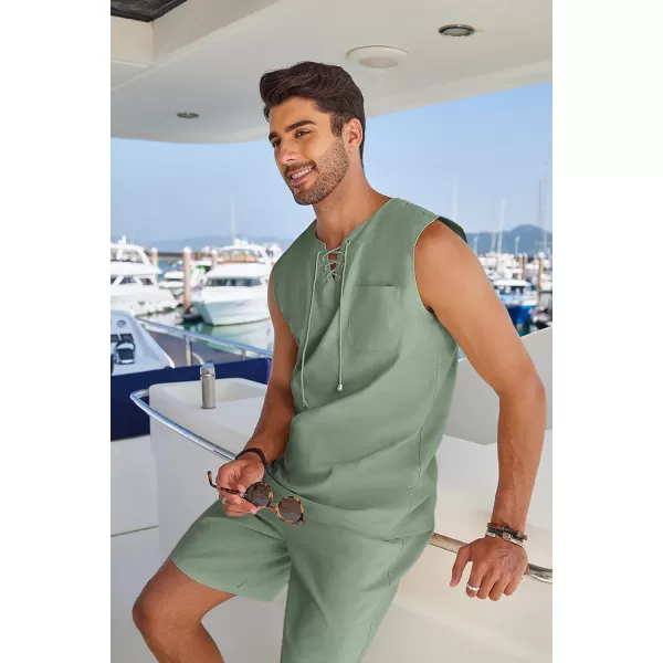 COOFANDY Mens Linen Sets Outfits 2 Piece Beach Drawstring Tank Tops Sleeveless Shirt Matching Shorts Set Hippie Wedding