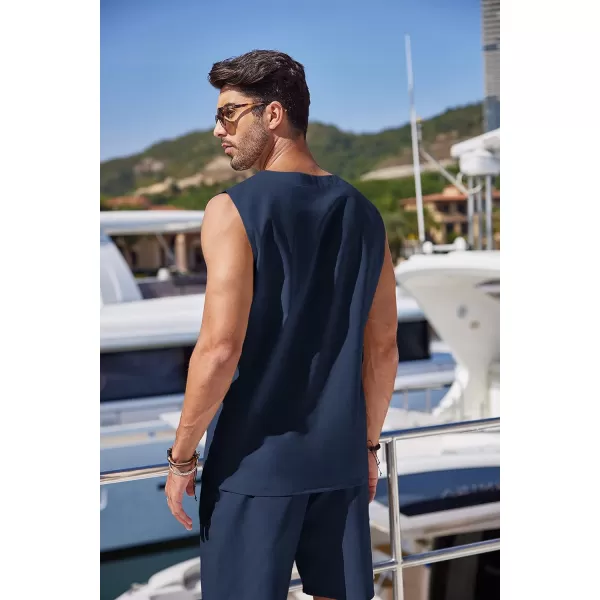 COOFANDY Mens Linen Sets Outfits 2 Piece Beach Drawstring Tank Tops Sleeveless Shirt Matching Shorts Set Hippie Wedding