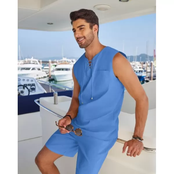 COOFANDY Mens Linen Sets Outfits 2 Piece Beach Drawstring Tank Tops Sleeveless Shirt Matching Shorts Set Hippie Wedding