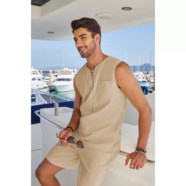 COOFANDY Mens Linen Sets Outfits 2 Piece Beach Drawstring Tank Tops Sleeveless Shirt Matching Shorts Set Hippie Wedding