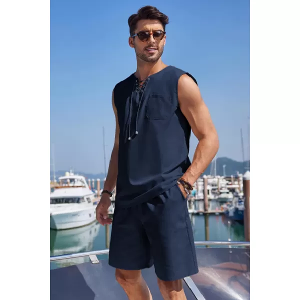 COOFANDY Mens Linen Sets Outfits 2 Piece Beach Drawstring Tank Tops Sleeveless Shirt Matching Shorts Set Hippie Wedding