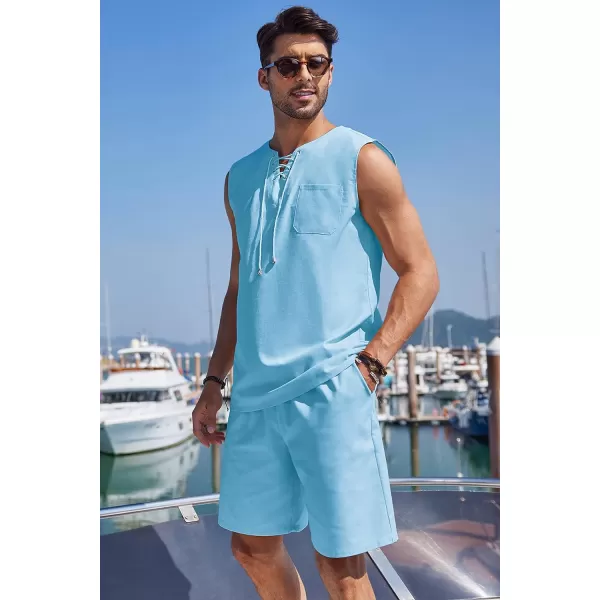 COOFANDY Mens Linen Sets Outfits 2 Piece Beach Drawstring Tank Tops Sleeveless Shirt Matching Shorts Set Hippie Wedding