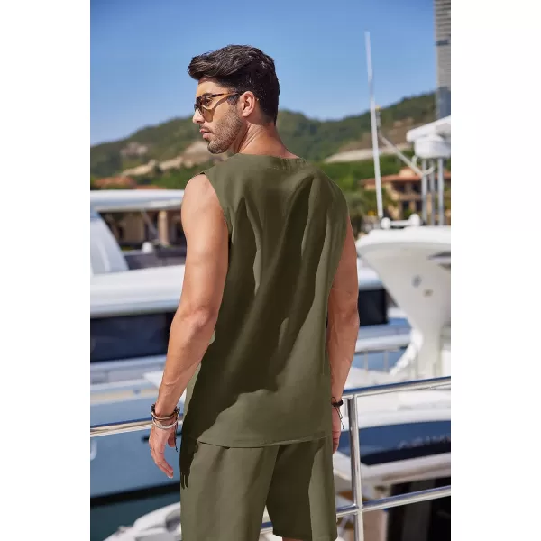 COOFANDY Mens Linen Sets Outfits 2 Piece Beach Drawstring Tank Tops Sleeveless Shirt Matching Shorts Set Hippie Wedding