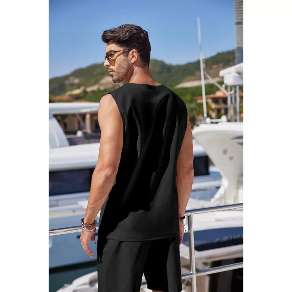 COOFANDY Mens Linen Sets Outfits 2 Piece Beach Drawstring Tank Tops Sleeveless Shirt Matching Shorts Set Hippie Wedding