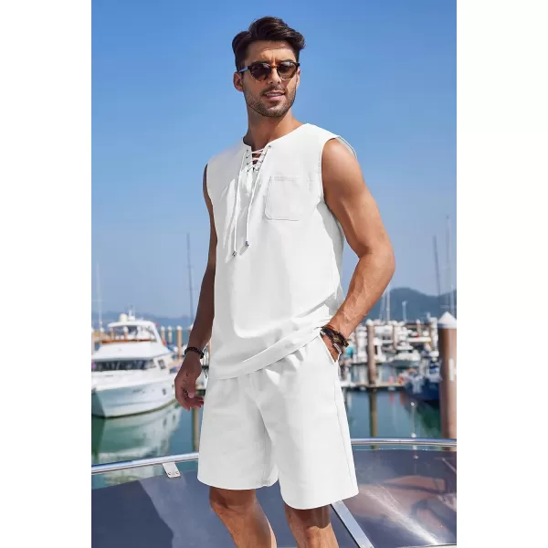 COOFANDY Mens Linen Sets Outfits 2 Piece Beach Drawstring Tank Tops Sleeveless Shirt Matching Shorts Set Hippie Wedding