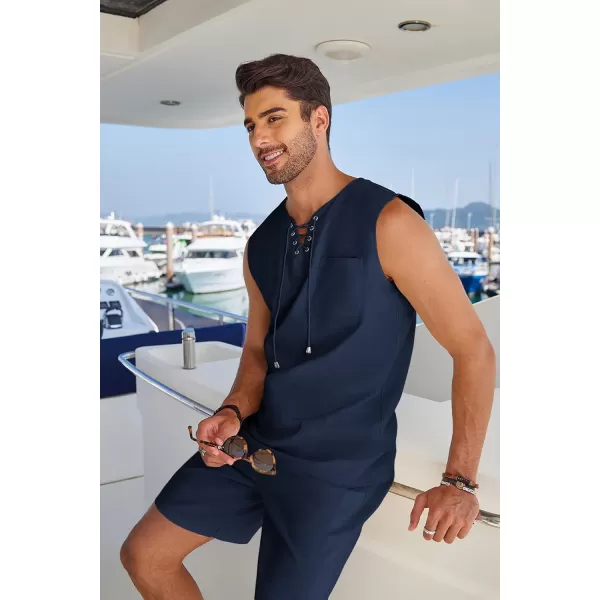 COOFANDY Mens Linen Sets Outfits 2 Piece Beach Drawstring Tank Tops Sleeveless Shirt Matching Shorts Set Hippie Wedding