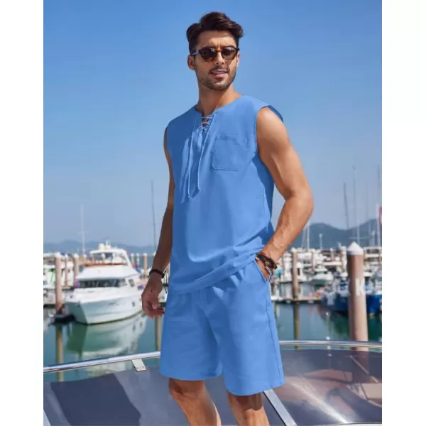 COOFANDY Mens Linen Sets Outfits 2 Piece Beach Drawstring Tank Tops Sleeveless Shirt Matching Shorts Set Hippie Wedding