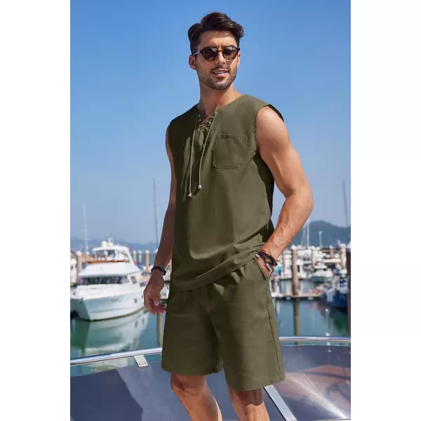 COOFANDY Mens Linen Sets Outfits 2 Piece Beach Drawstring Tank Tops Sleeveless Shirt Matching Shorts Set Hippie Wedding