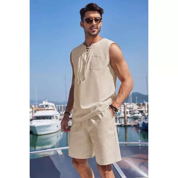COOFANDY Mens Linen Sets Outfits 2 Piece Beach Drawstring Tank Tops Sleeveless Shirt Matching Shorts Set Hippie Wedding