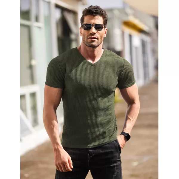COOFANDY Men's Muscle T Shirts Stretch Short Sleeve V Neck Bodybuilding Workout Tee Shirts Ribbed Knit Shirt