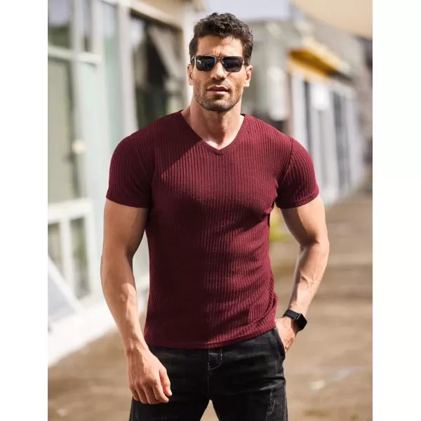 COOFANDY Men's Muscle T Shirts Stretch Short Sleeve V Neck Bodybuilding Workout Tee Shirts Ribbed Knit Shirt
