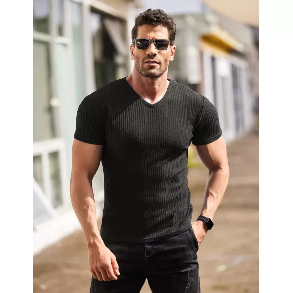COOFANDY Men's Muscle T Shirts Stretch Short Sleeve V Neck Bodybuilding Workout Tee Shirts Ribbed Knit Shirt