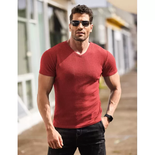 COOFANDY Men's Muscle T Shirts Stretch Short Sleeve V Neck Bodybuilding Workout Tee Shirts Ribbed Knit Shirt