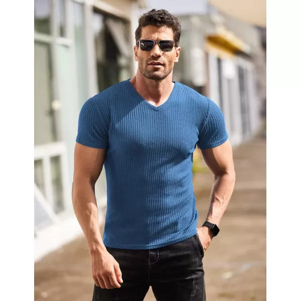 COOFANDY Men's Muscle T Shirts Stretch Short Sleeve V Neck Bodybuilding Workout Tee Shirts Ribbed Knit Shirt
