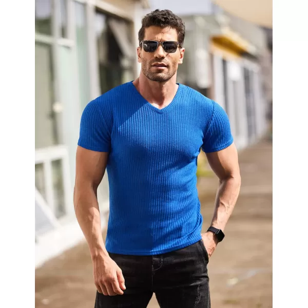 COOFANDY Men's Muscle T Shirts Stretch Short Sleeve V Neck Bodybuilding Workout Tee Shirts Ribbed Knit Shirt