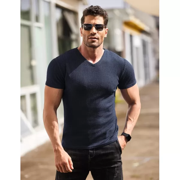 COOFANDY Men's Muscle T Shirts Stretch Short Sleeve V Neck Bodybuilding Workout Tee Shirts Ribbed Knit Shirt