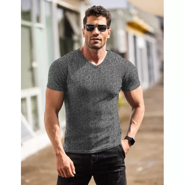 COOFANDY Men's Muscle T Shirts Stretch Short Sleeve V Neck Bodybuilding Workout Tee Shirts Ribbed Knit Shirt