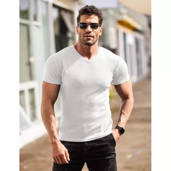 COOFANDY Men's Muscle T Shirts Stretch Short Sleeve V Neck Bodybuilding Workout Tee Shirts Ribbed Knit Shirt