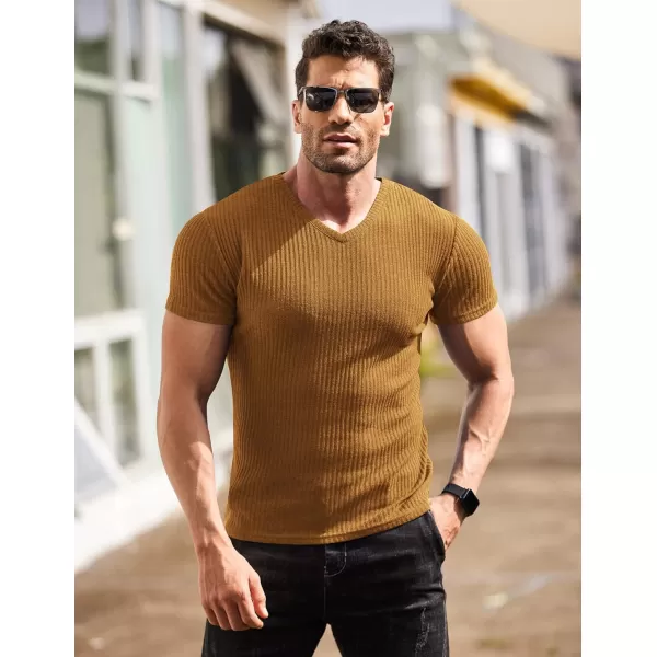 COOFANDY Men's Muscle T Shirts Stretch Short Sleeve V Neck Bodybuilding Workout Tee Shirts Ribbed Knit Shirt