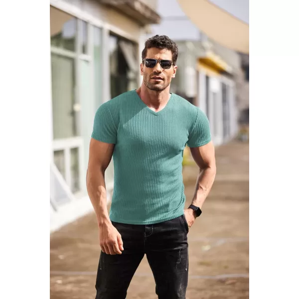COOFANDY Men's Muscle T Shirts Stretch Short Sleeve V Neck Bodybuilding Workout Tee Shirts Ribbed Knit Shirt