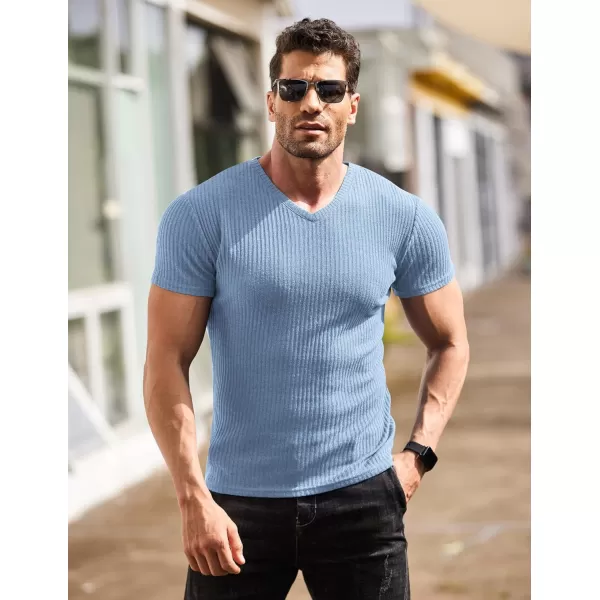 COOFANDY Men's Muscle T Shirts Stretch Short Sleeve V Neck Bodybuilding Workout Tee Shirts Ribbed Knit Shirt