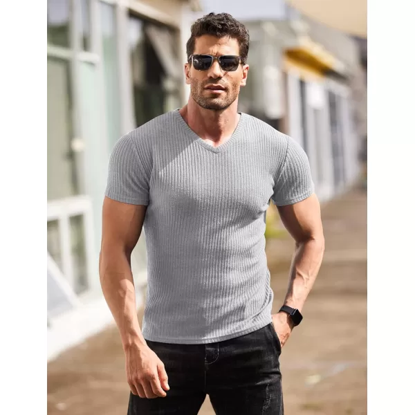 COOFANDY Men's Muscle T Shirts Stretch Short Sleeve V Neck Bodybuilding Workout Tee Shirts Ribbed Knit Shirt