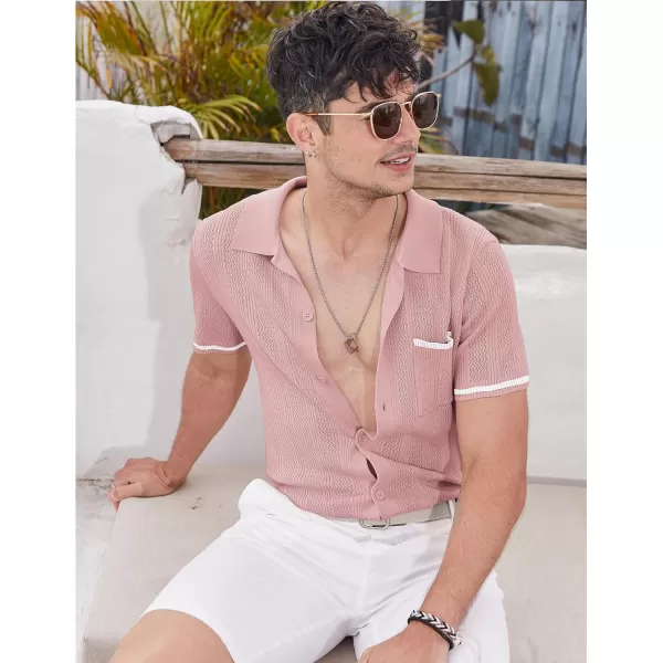 COOFANDY Men's Short Sleeve Knit Shirts Vintage Button Down Polo Shirt Casual Beach Tops