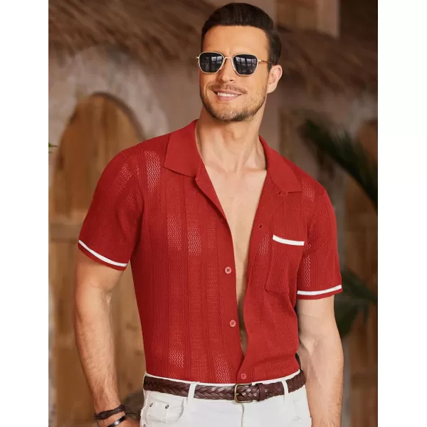 COOFANDY Men's Short Sleeve Knit Shirts Vintage Button Down Polo Shirt Casual Beach Tops