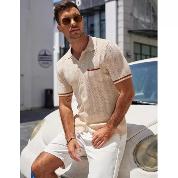COOFANDY Men's Short Sleeve Knit Shirts Vintage Button Down Polo Shirt Casual Beach Tops