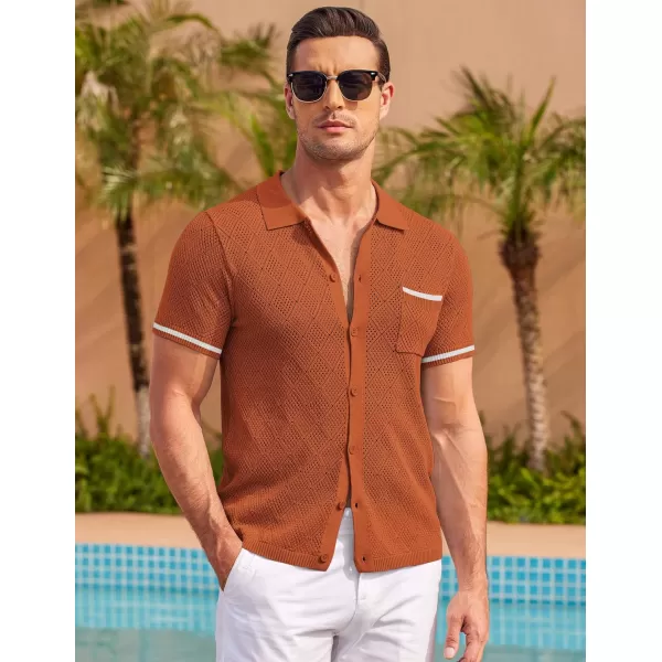 COOFANDY Men's Short Sleeve Knit Shirts Vintage Button Down Polo Shirt Casual Beach Tops