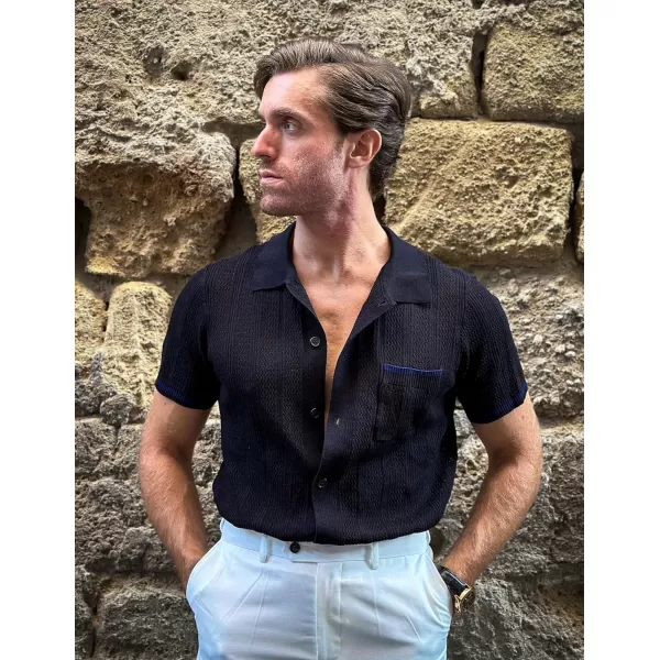 COOFANDY Men's Short Sleeve Knit Shirts Vintage Button Down Polo Shirt Casual Beach Tops