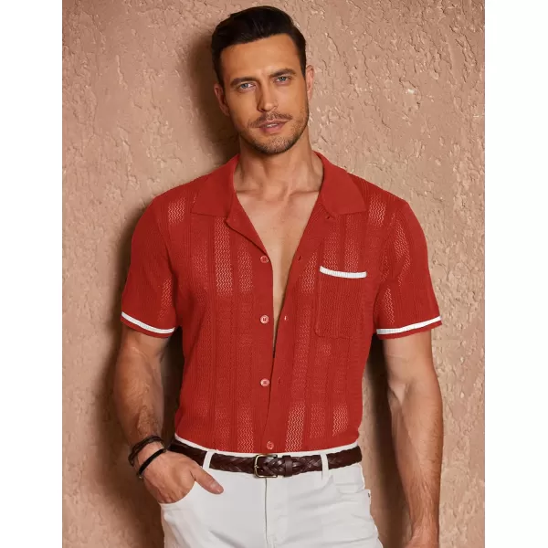 COOFANDY Men's Short Sleeve Knit Shirts Vintage Button Down Polo Shirt Casual Beach Tops