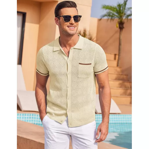 COOFANDY Men's Short Sleeve Knit Shirts Vintage Button Down Polo Shirt Casual Beach Tops