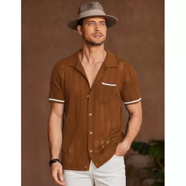 COOFANDY Men's Short Sleeve Knit Shirts Vintage Button Down Polo Shirt Casual Beach Tops