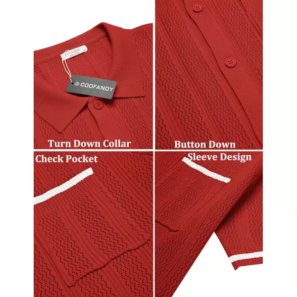 COOFANDY Men's Short Sleeve Knit Shirts Vintage Button Down Polo Shirt Casual Beach Tops