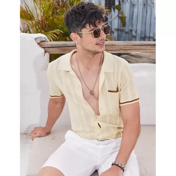 COOFANDY Men's Short Sleeve Knit Shirts Vintage Button Down Polo Shirt Casual Beach Tops