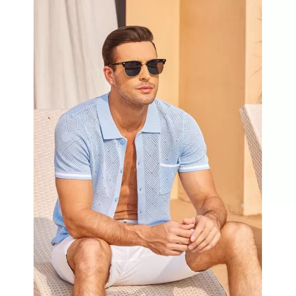COOFANDY Men's Short Sleeve Knit Shirts Vintage Button Down Polo Shirt Casual Beach Tops