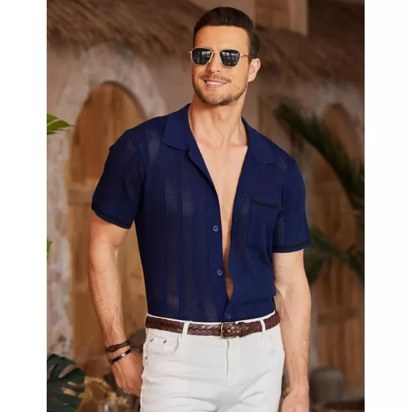 COOFANDY Men's Short Sleeve Knit Shirts Vintage Button Down Polo Shirt Casual Beach Tops