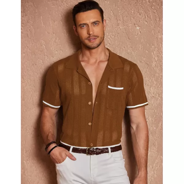COOFANDY Men's Short Sleeve Knit Shirts Vintage Button Down Polo Shirt Casual Beach Tops
