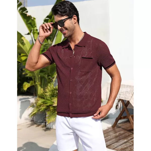 COOFANDY Men's Short Sleeve Knit Shirts Vintage Button Down Polo Shirt Casual Beach Tops