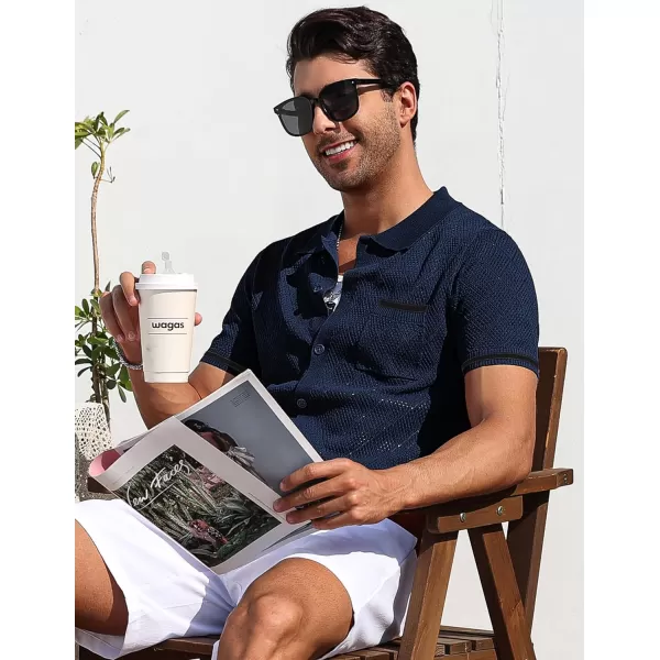 COOFANDY Men's Short Sleeve Knit Shirts Vintage Button Down Polo Shirt Casual Beach Tops