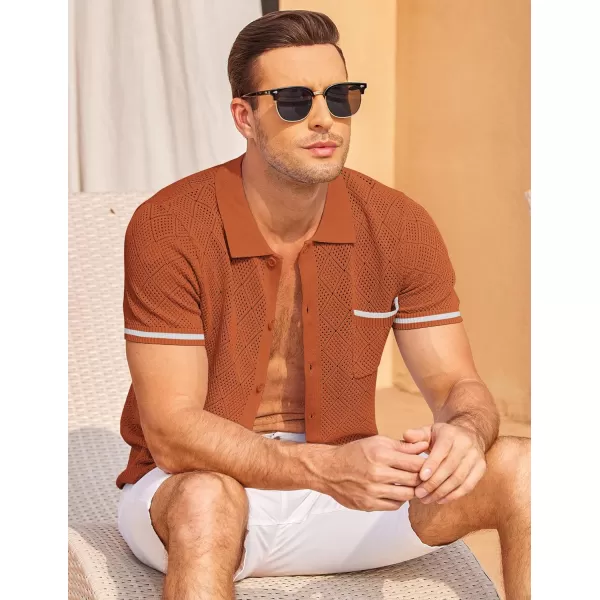COOFANDY Men's Short Sleeve Knit Shirts Vintage Button Down Polo Shirt Casual Beach Tops
