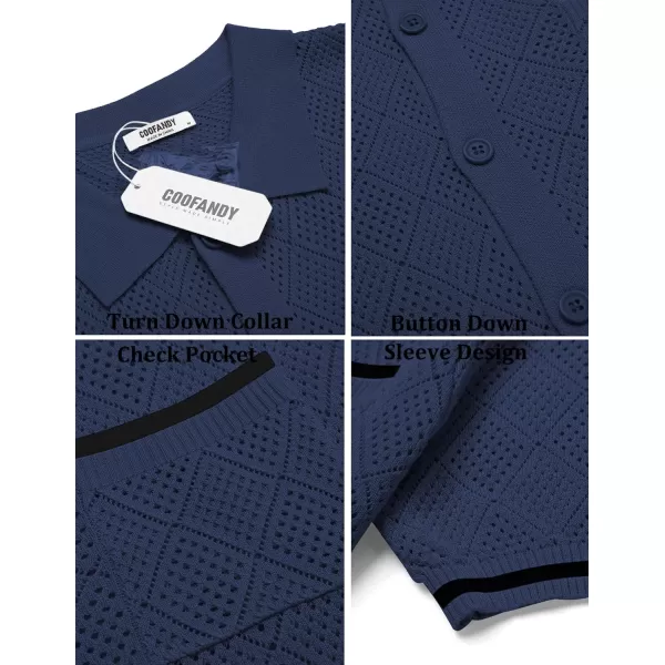 COOFANDY Men's Short Sleeve Knit Shirts Vintage Button Down Polo Shirt Casual Beach Tops
