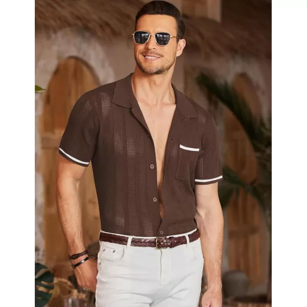 COOFANDY Men's Short Sleeve Knit Shirts Vintage Button Down Polo Shirt Casual Beach Tops