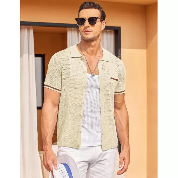 COOFANDY Men's Short Sleeve Knit Shirts Vintage Button Down Polo Shirt Casual Beach Tops